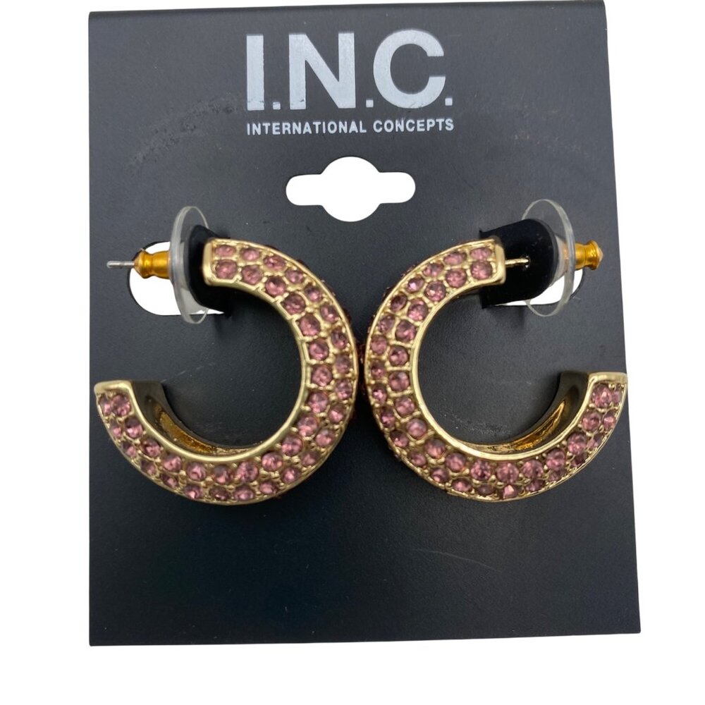 NWT Gold-Tone Pink Rhinestone Hoop Earrings Pierced 1" INC International Concept